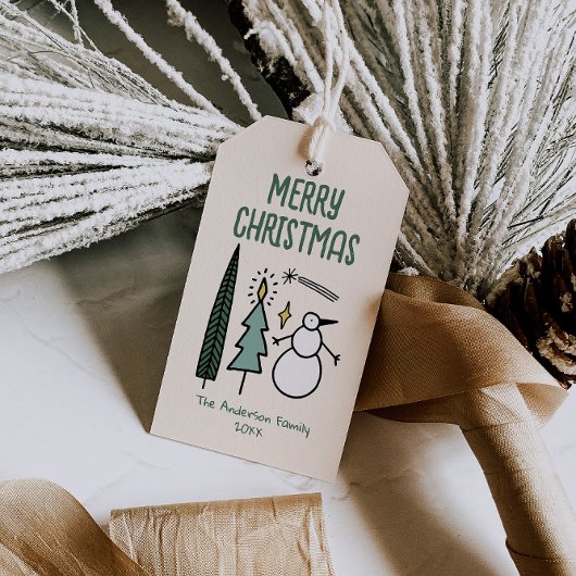 Met de hand getekende geschilderde groene kerstbom cadeaulabel
