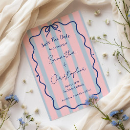 Met de hand getekende golvende blauwe strik roze s save the date
