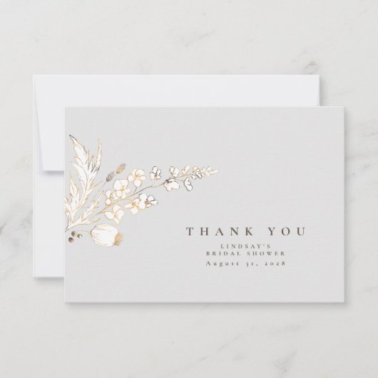 Met de hand getekende gouden wilde bloemen Elegant Bedankkaart (Voorkant)
