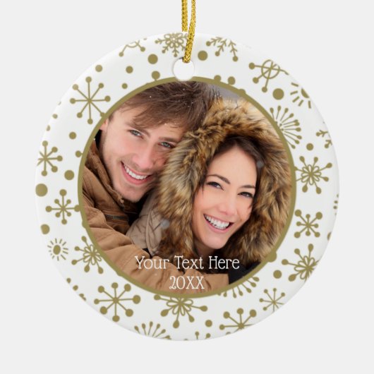 Met de hand getekende goudsneeuwvlokken, twee foto keramisch ornament (Voorkant)