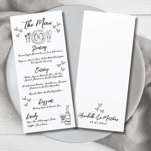 Met de Hand Getekende Grappige Whimsical Bruiloft Menu