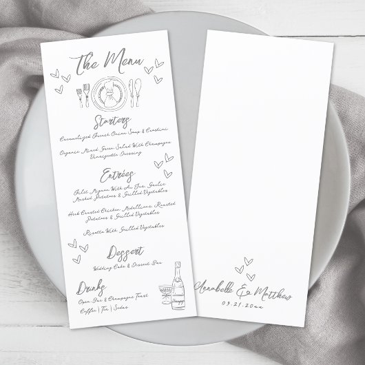 Met de Hand Getekende Grijze Whimsical Bruiloft Menu