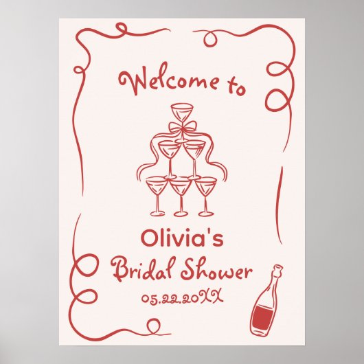 Met de hand getekende grillige rode bruidsdouche poster (Voorkant)