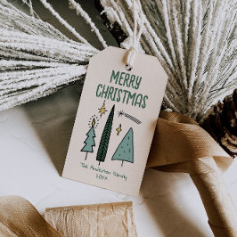 Met de hand getekende groene abstracte kerstbomen  cadeaulabel