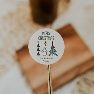 Met de hand getekende groene abstracte kerstboom s ronde sticker
