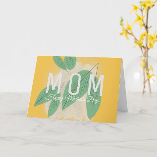 Met de Hand Getekende Groene Blad Gele Moederdagka Kaart (Gele Bloem)