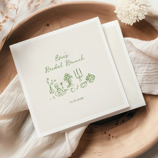 Met de Hand Getekende Groene Bruids Brunch Servet
