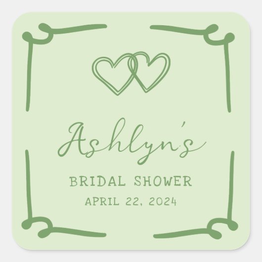 Met de Hand Getekende Groene Hart Bruidsdouche Sti Vierkante Sticker (Voorkant)