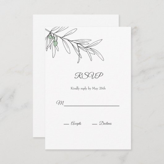 Met de hand getekende groene olijven bladeren RSVP kaartje (Voorkant / Achterkant)