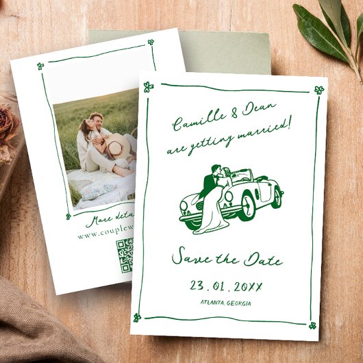 Met de hand getekende groene Save the Date foto QR Kaart