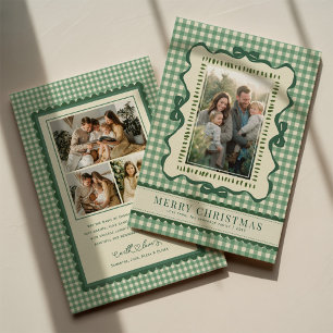 Met de hand getekende groene strik retro geruite K Feestdagenkaart