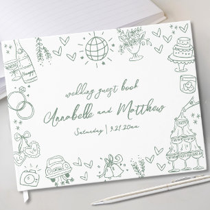 Met de Hand Getekende Groene Whimsical Bruiloft Gastenboek