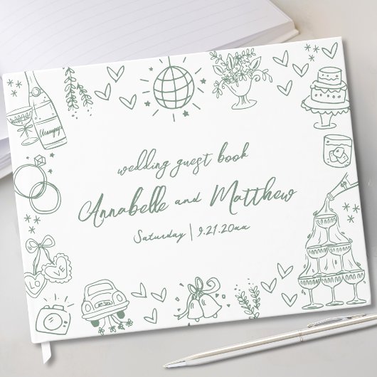 Met de Hand Getekende Groene Whimsical Bruiloft Gastenboek