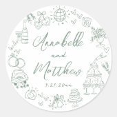 Met de Hand Getekende Groene Whimsical Bruiloft Ronde Sticker (Voorkant)