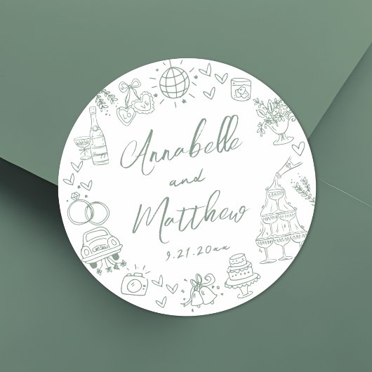 Met de Hand Getekende Groene Whimsical Bruiloft Ronde Sticker