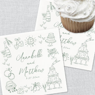 Met de Hand Getekende Groene Whimsical Bruiloft Servet
