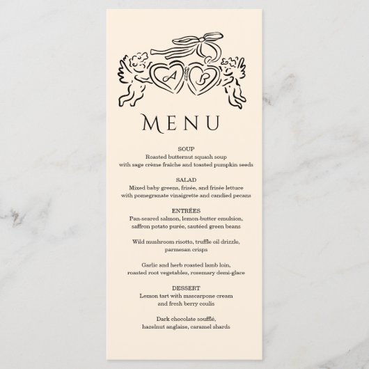 met de hand getekende hart koppel Whimsical Huweli Menu (Voorkant)