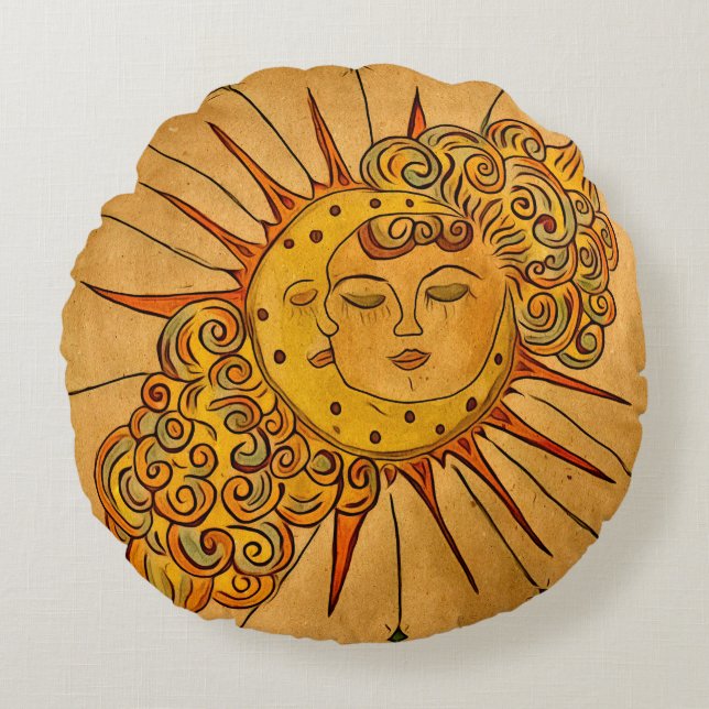 Met de hand getekende hemelse zon & maan  rond kussen (Voorkant)