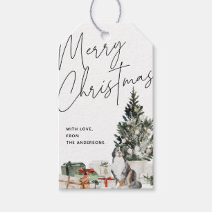 Met de hand getekende hond & kerstboom Vette kerst Cadeaulabel
