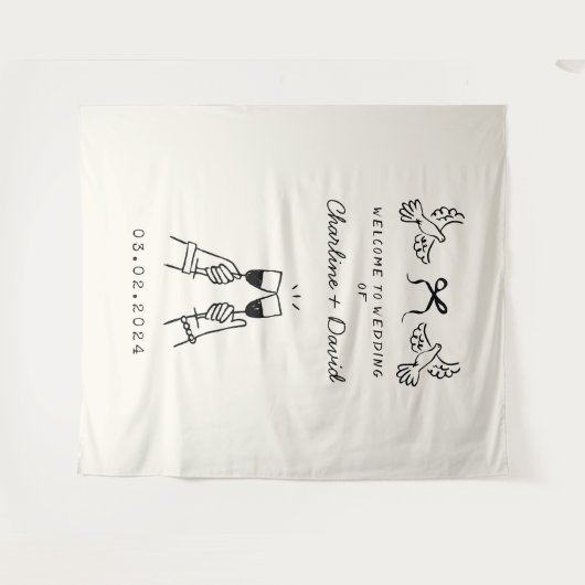 Met de Hand Getekende Huwelijksbegroeting Wandkleed (Voorkant (horizontaal))