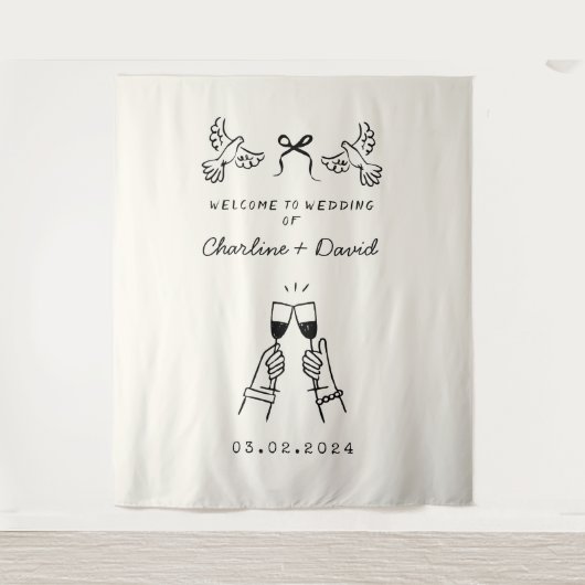 Met de Hand Getekende Huwelijksbegroeting Wandkleed (Voorkant)