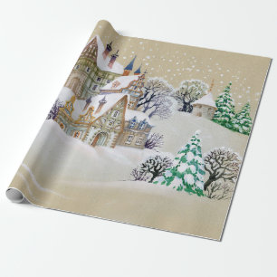 Met de hand getekende illustratie met winterlandsc cadeaupapier