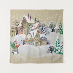 Met de hand getekende illustratie met winterlandsc wandkleed
