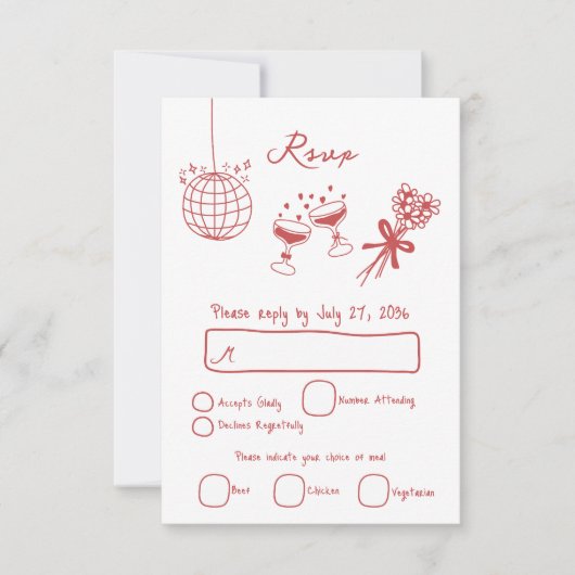 Met de hand getekende illustraties krabbels bruilo RSVP kaartje (Voorkant)