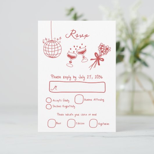 Met de hand getekende illustraties krabbels bruilo RSVP kaartje (Staand voorkant)