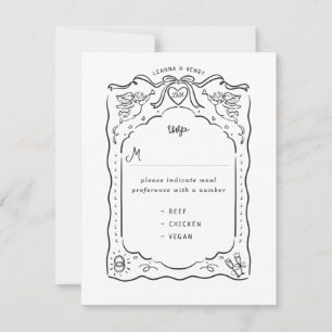 Met de hand getekende inkt cherubijnen harten lint RSVP kaartje