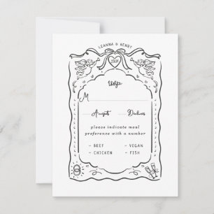 Met de hand getekende inkt cherubijnen harten lint RSVP kaartje