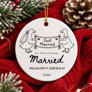 Met de hand getekende 'Just Married' kerstornament Keramisch Ornament