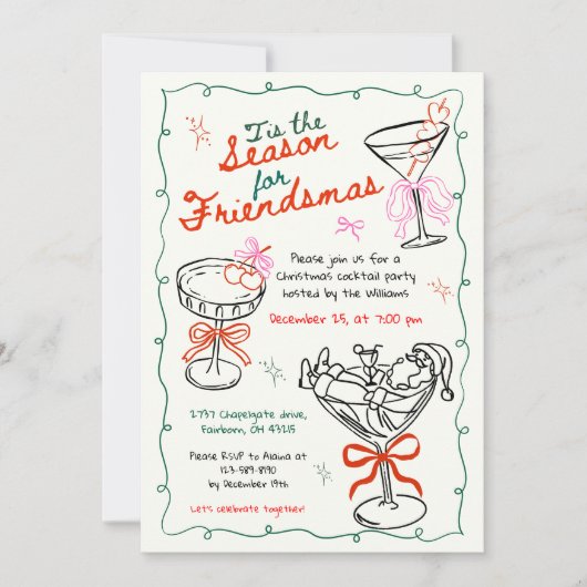Met de Hand Getekende Kerst Cocktail Feest Kaart (Voorkant)