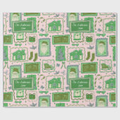 Met de hand getekende kerst groene roze aangepaste cadeaupapier (Vlak)