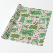 Met de hand getekende kerst groene roze aangepaste cadeaupapier (Uitgerold)
