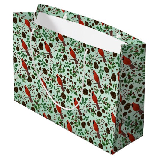 Met de Hand Getekende Kerst Kardinalen & Denneappe Groot Cadeauzakje (Achterkant Gekanteld)