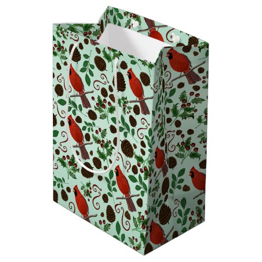 Met de Hand Getekende Kerst Kardinalen & Denneappe Medium Cadeauzakje (Achterkant Gekanteld)