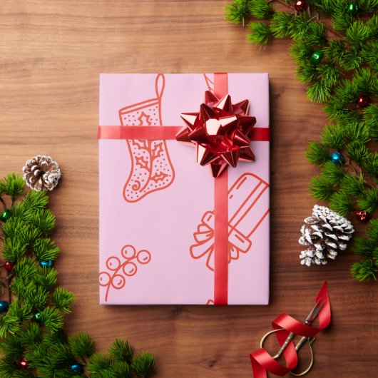 Met de hand getekende Kerst Roze en Rood Cadeaupapier (Feestdagen Geschenken)