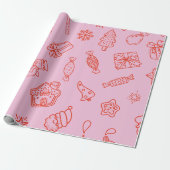 Met de hand getekende Kerst Roze en Rood Cadeaupapier (Uitgerold)