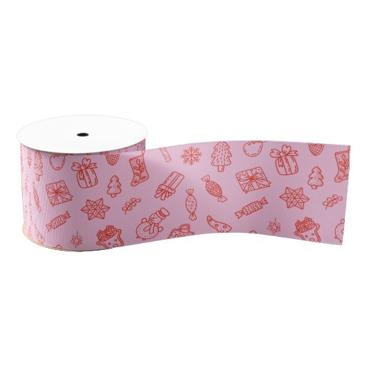 Met de hand getekende Kerst Roze en Rood  Grosgrain Lint (Spoel)