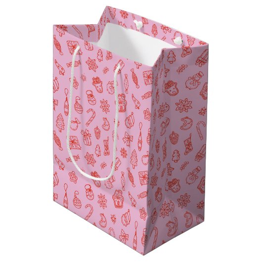 Met de hand getekende Kerst Roze en Rood Medium Cadeauzakje (Voorkant Gekanteld)