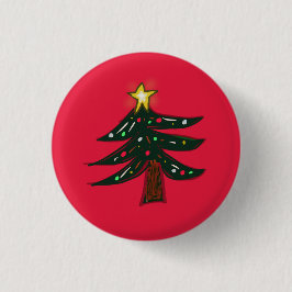 Met de hand getekende kerstboomster ronde button 3,2 cm