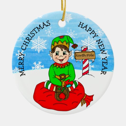 Met de hand getekende Kerstmis Elf Festive Persoon Keramisch Ornament (Voorkant)