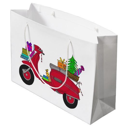 Met de hand getekende kerstscooter groot cadeauzakje (Achterkant Gekanteld)