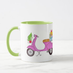 Met de hand getekende kerstscooter met cadeautjes mok