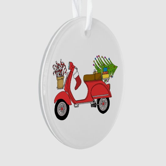 Met de hand getekende kerstscooter met geschenken ornament (voorkant)