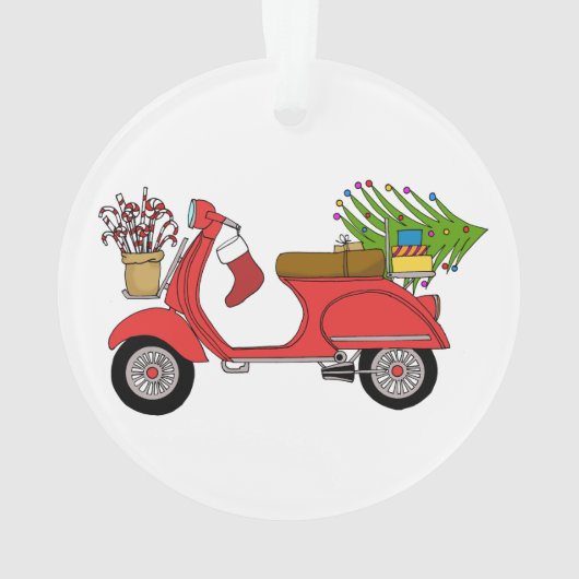 Met de hand getekende kerstscooter met geschenken ornament (achterkant)