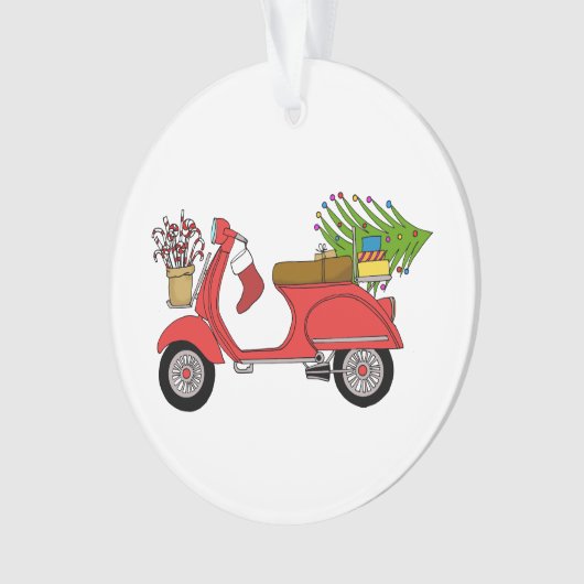 Met de hand getekende kerstscooter met geschenken ornament (voorkant)