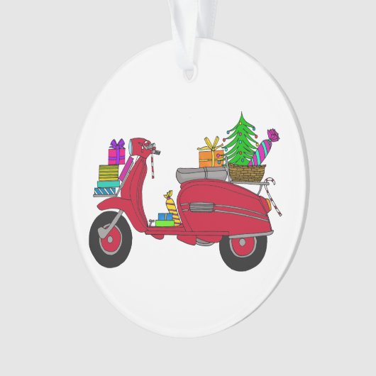 Met de hand getekende kerstscooter met geschenken ornament (voorkant)