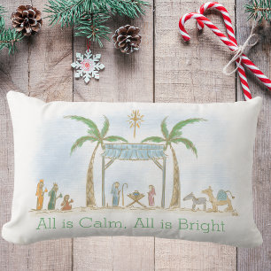 Met de hand getekende kerststal 'All Is Calm' Kers Kussen